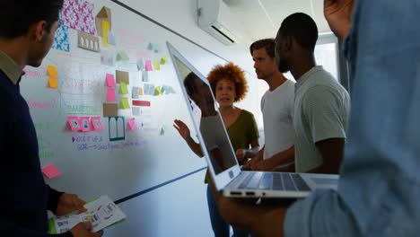team of executives discussing over sticky notes on whiteboard