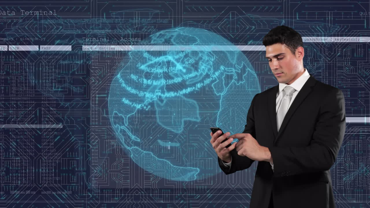 animación de la red de conexiones a través de un hombre de negocios con un teléfono inteligente