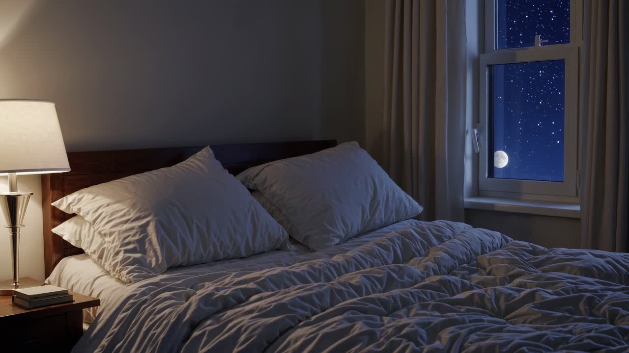 Cozy bedroom at night with a starry sky view through the window
