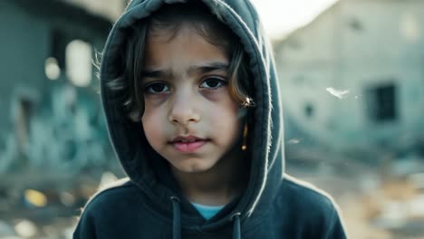 young boy in a war-torn city