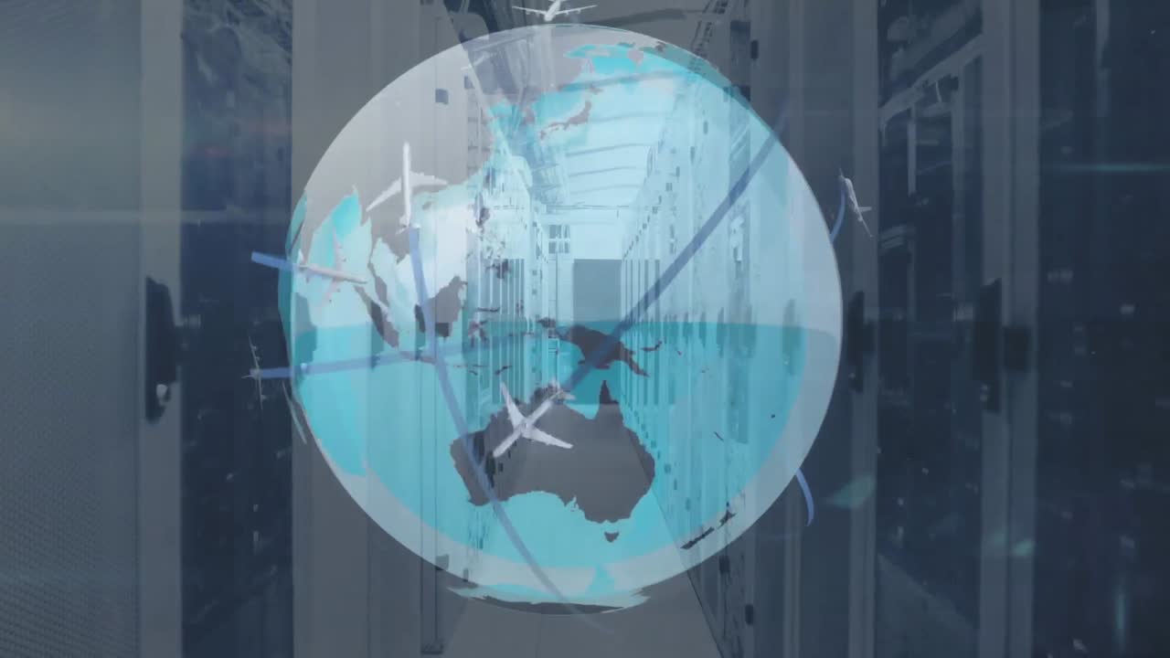 globo giratorio con planos y centro de procesamiento de datos en el fondo