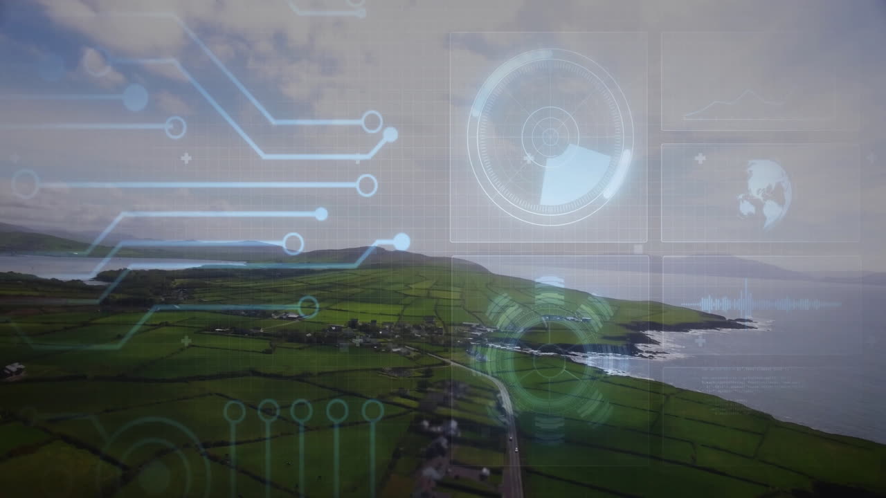 HUD interface animating across aerial rural coastal fields, showing circuit lines and radar display