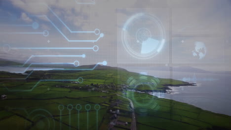 HUD interface animating across aerial rural coastal fields, showing circuit lines and radar display