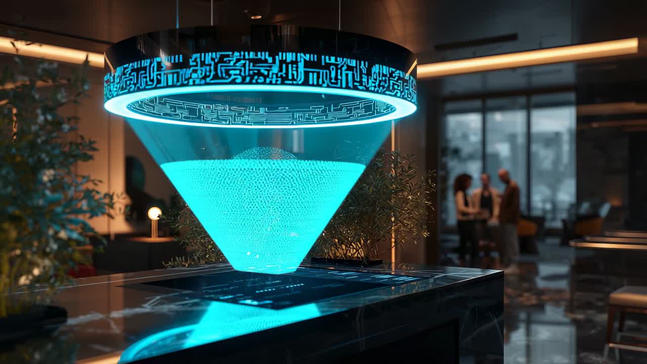 Glowing LED ring projecting cone on table in lounge, business colleagues discussing features