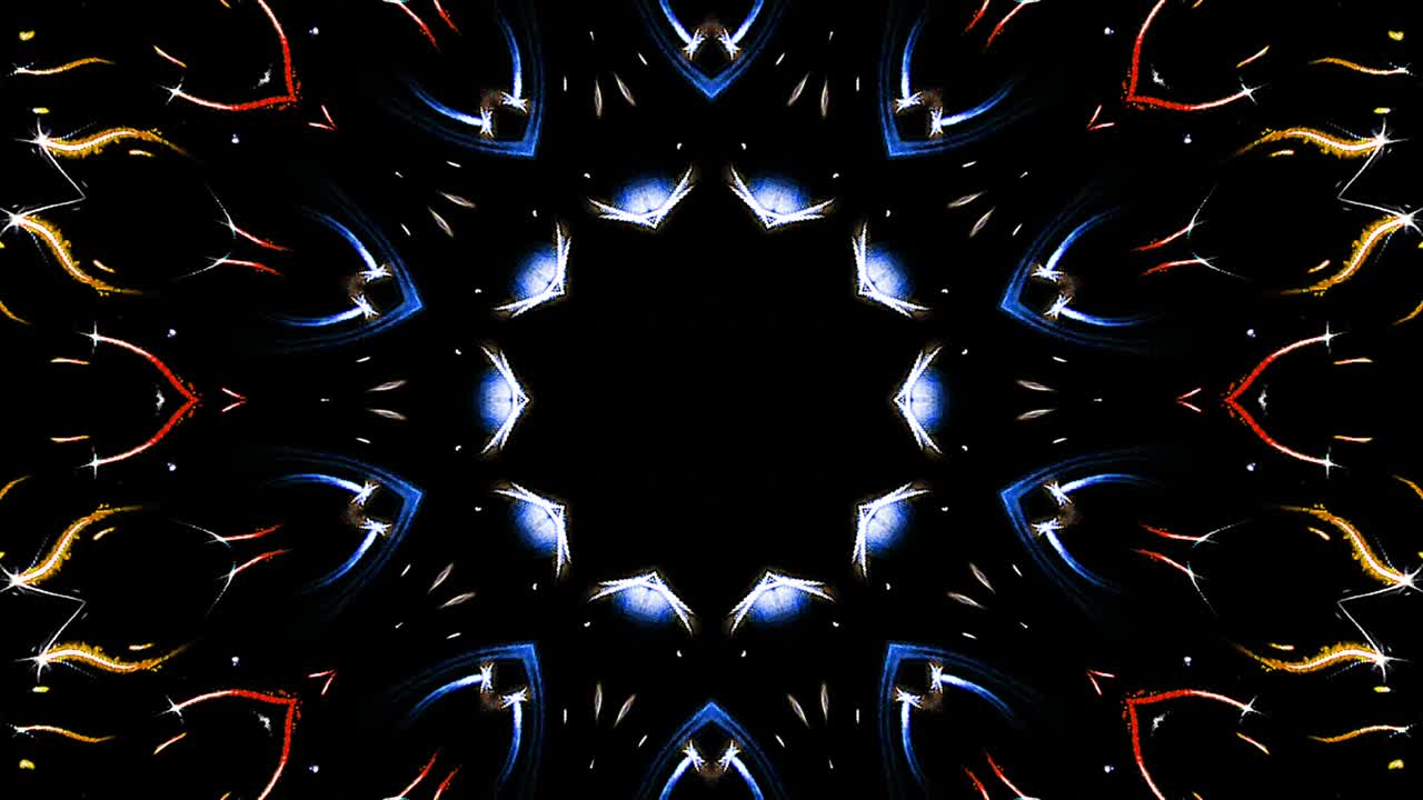 Caleidoscopio astratto con bellissime linee rosse e blu brillanti, movimento fluido e luce scintillante.