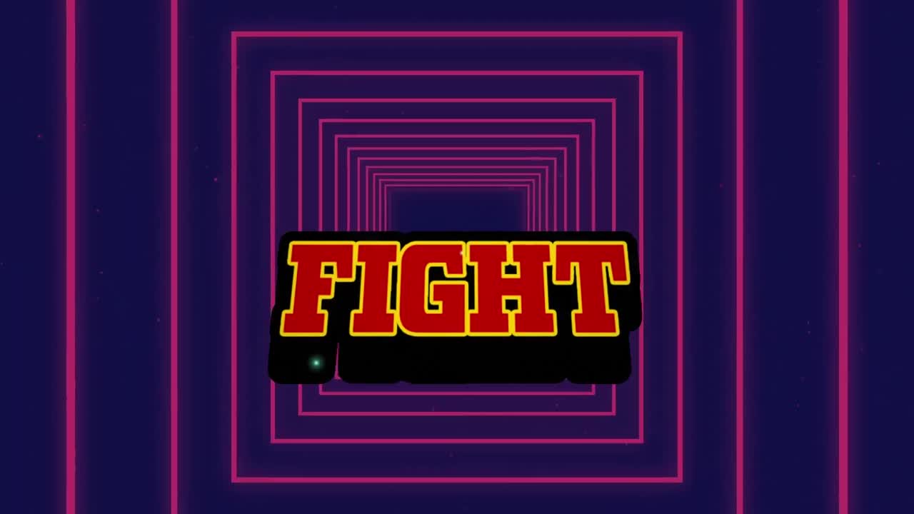 보라색 배경에 이 없는 패턴으로 분홍색 사각형 모양 위에 싸움 텍스트 배너의 애니메이션