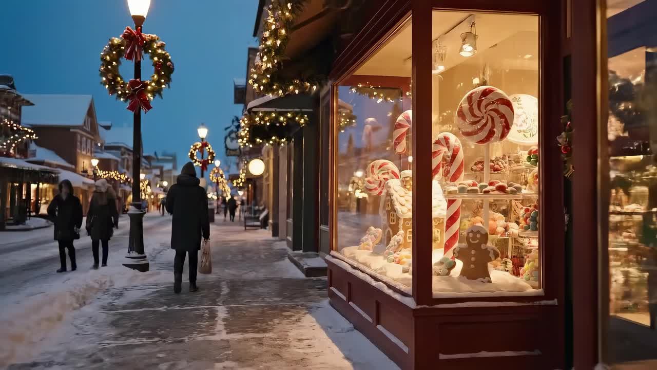 Festive street video at eye level, showcasing a candy-filled shop window in winter