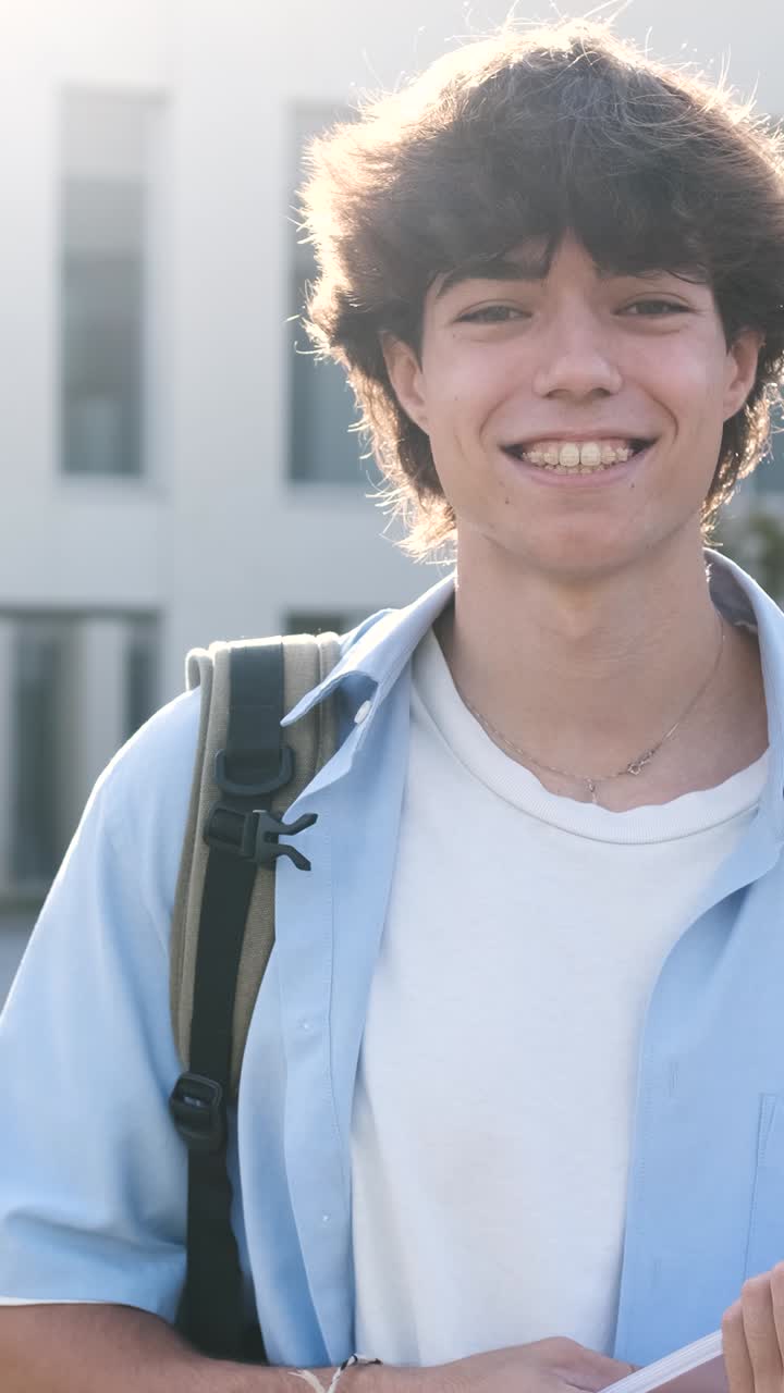 Studente sorridente che posa fuori dalla scuola