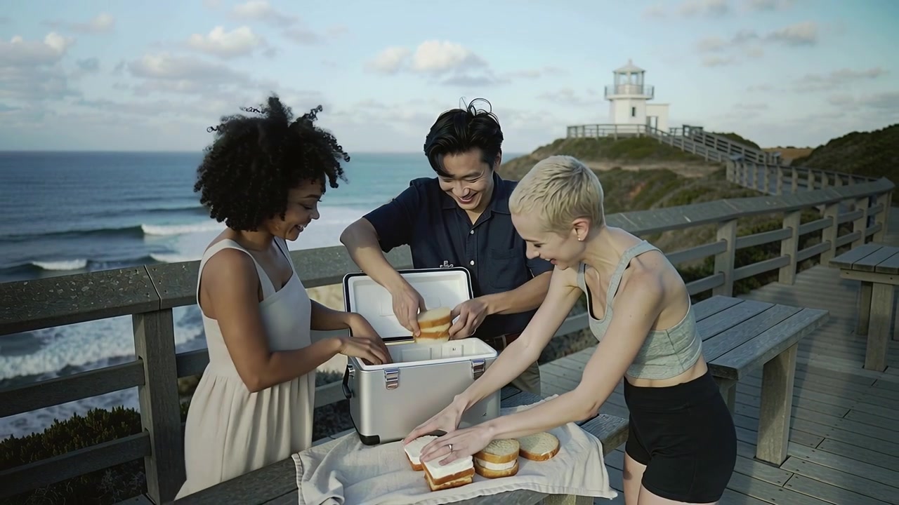 Lifting cooler, three friends casual unpacking bread, rolls, tubs on towel bench for picnic