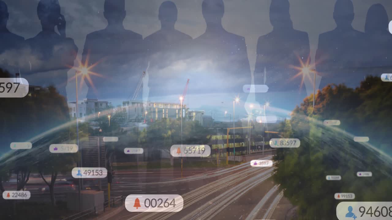 전 세계, 사람 및 풍경 배경에 대한 소셜 미디어 아이콘과 숫자의 애니메이션