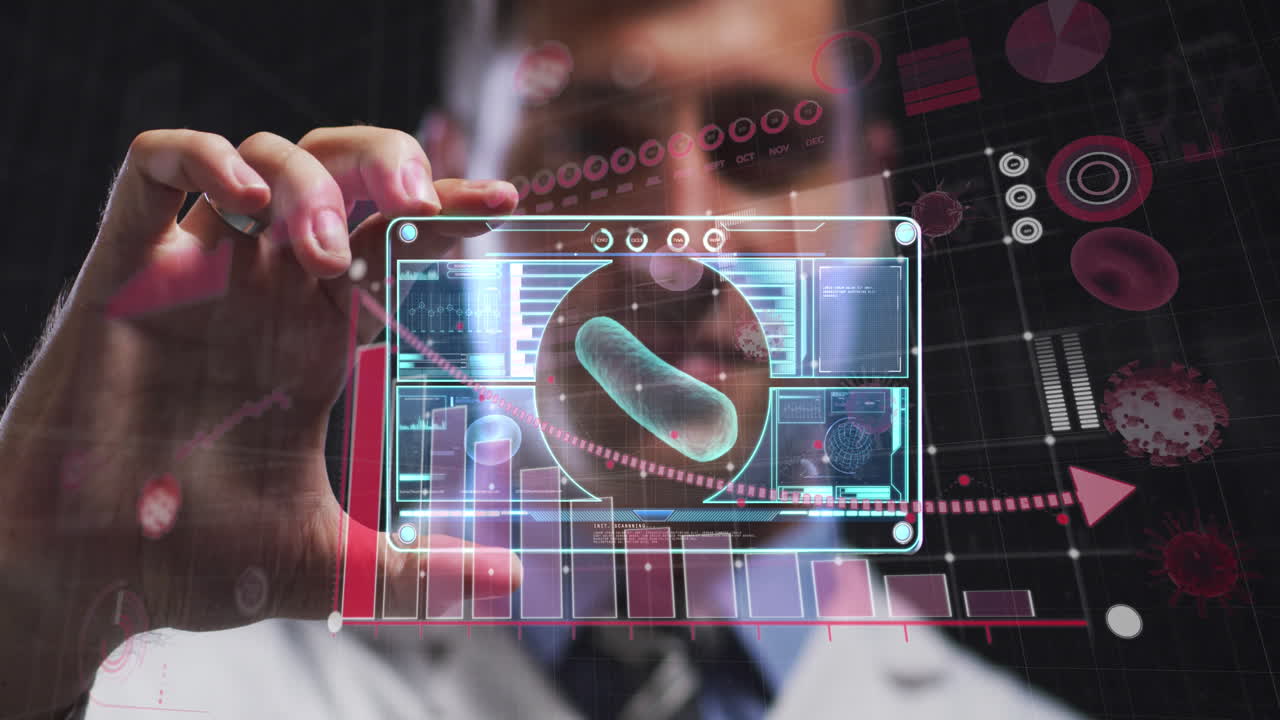 procesamiento de datos estadísticos de covid-19 contra un médico caucásico que sostiene una pantalla futurista