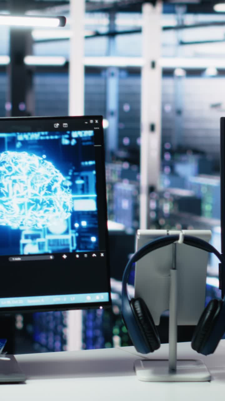 Vertical video Server room PC screens tracking mainframes processing machine learning datasets