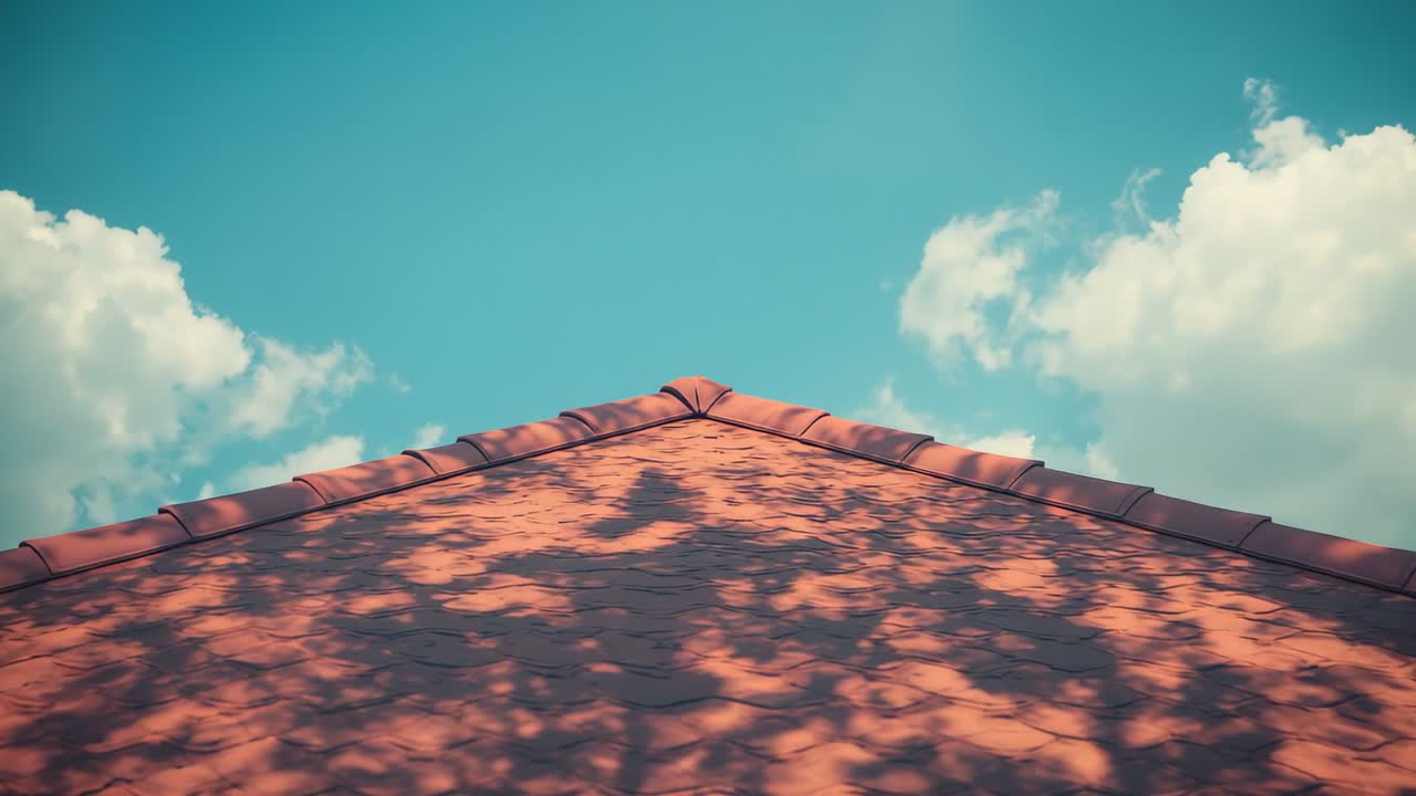 Gentle breeze moving tree shadows across red-tiled roof apex on home rooftop, with drifting clouds
