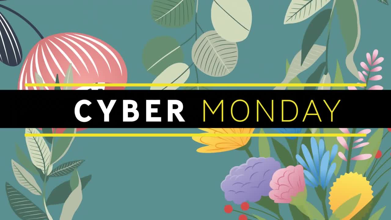 사이버 월요일 텍스트 배너의 디지털 애니메이션 초록색 배경의 꽃 디자인에 맞춰