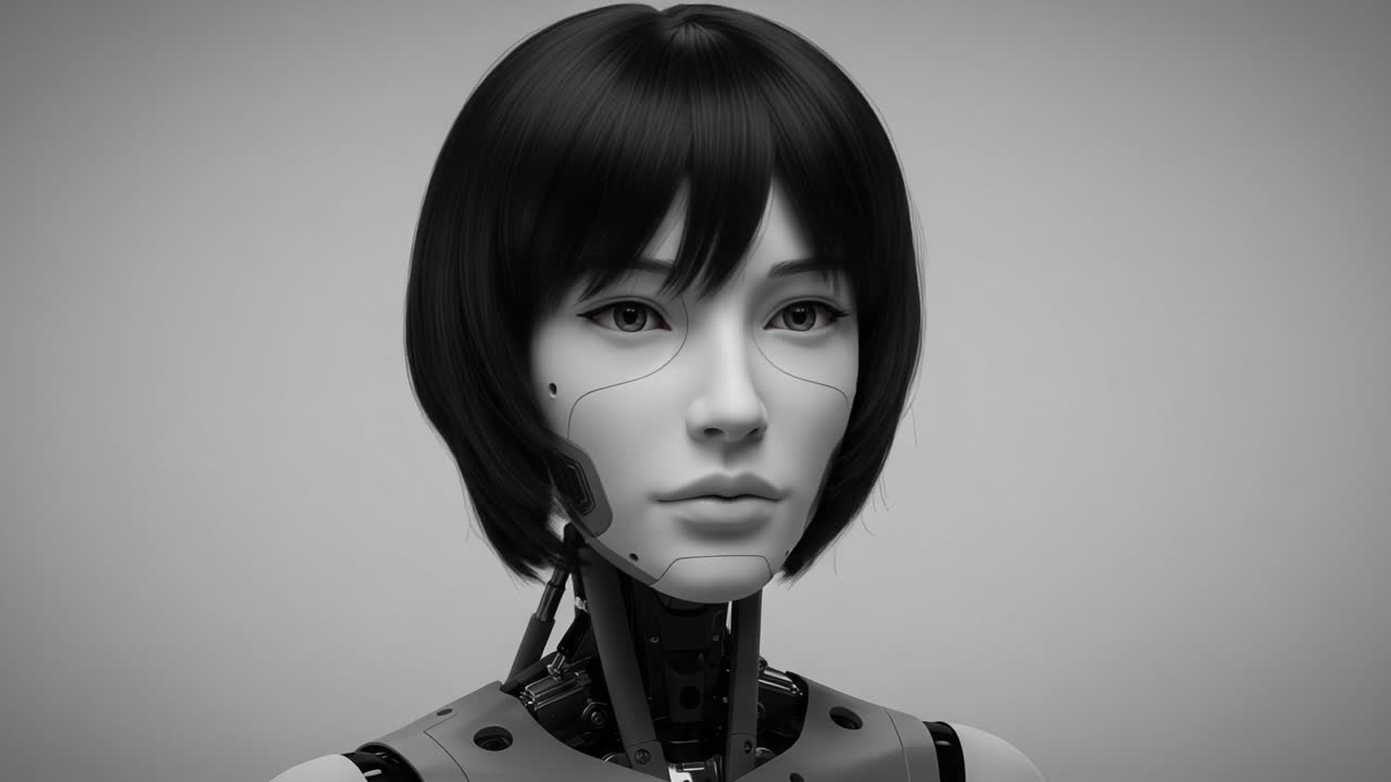 A close-up view of an advanced humanoid robot featuring realistic facial features and a sleek design, showcasing the intersection of technology and artistry in robotics