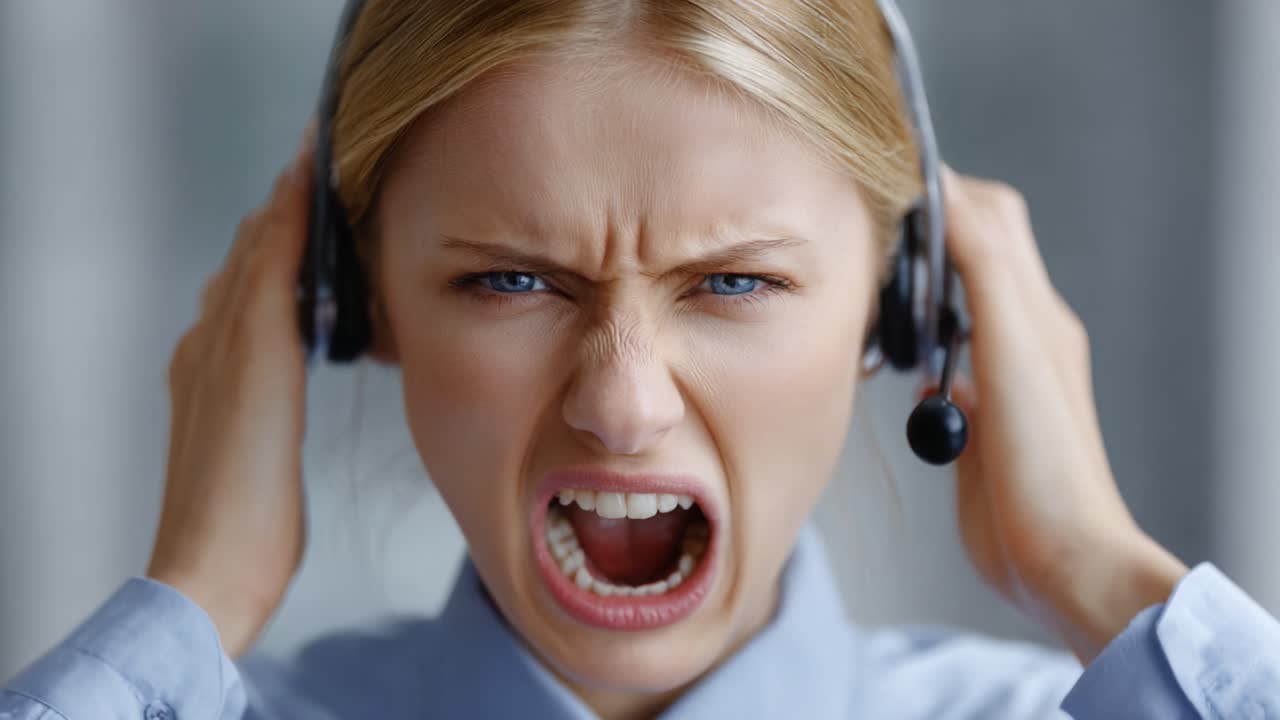 Frustration Captured: A Person in Headset Expresses Intense Emotion While Working in a High-Pressure Environment, Highlighting the Demands of Customer Service Roles
