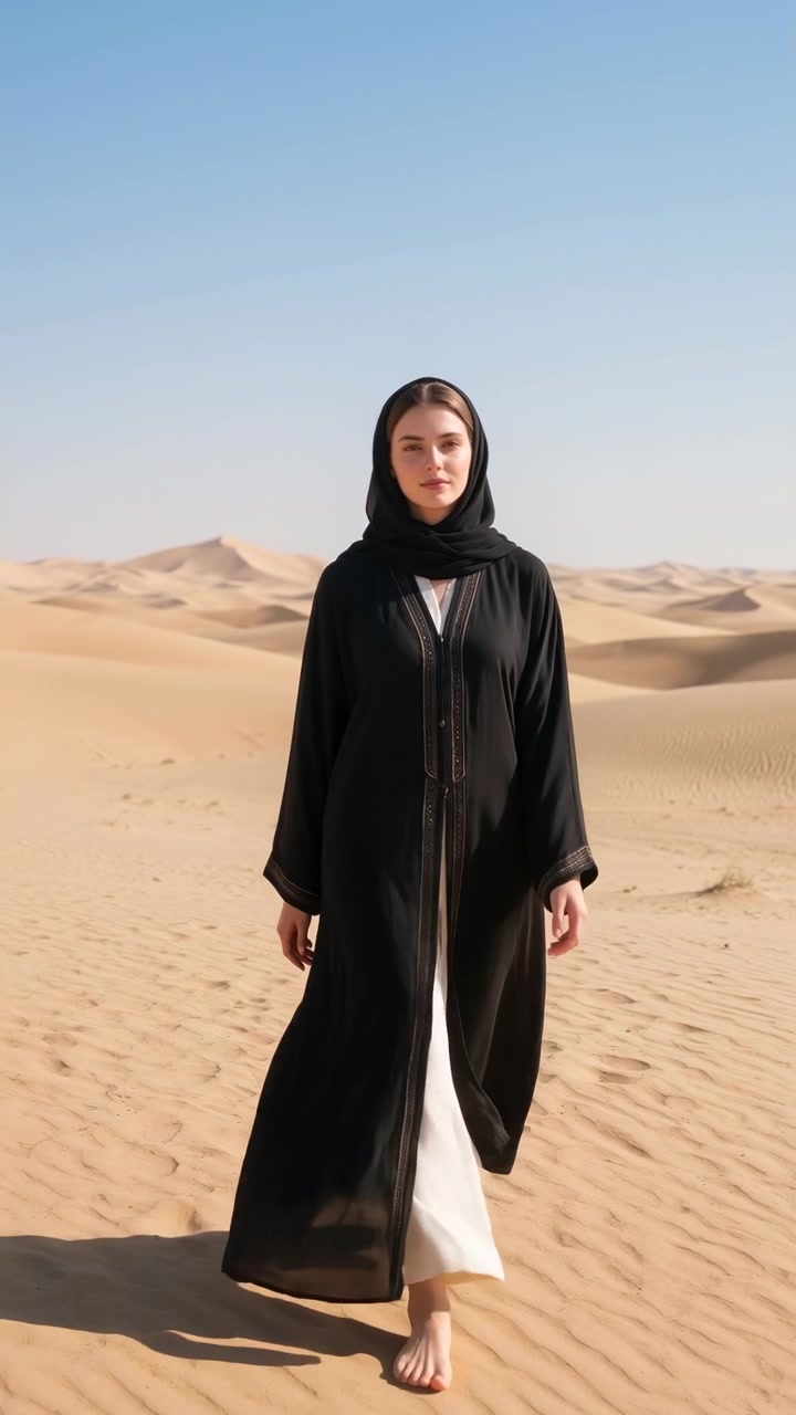 Una donna avanza su vaste dune di sabbia sotto la calda luce del sole, indossando un lungo abaya nero con finiture decorative e un foulard abbinato; un vestito bianco si intravede dall'apertura frontale mentre il tessuto ondeggia dolcemente.