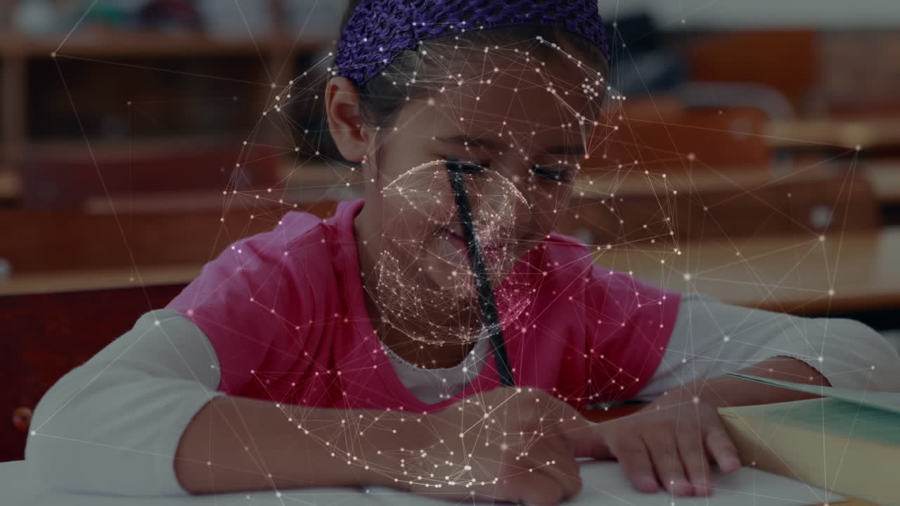 Animation of networks of connections over schoolgirl in classroom