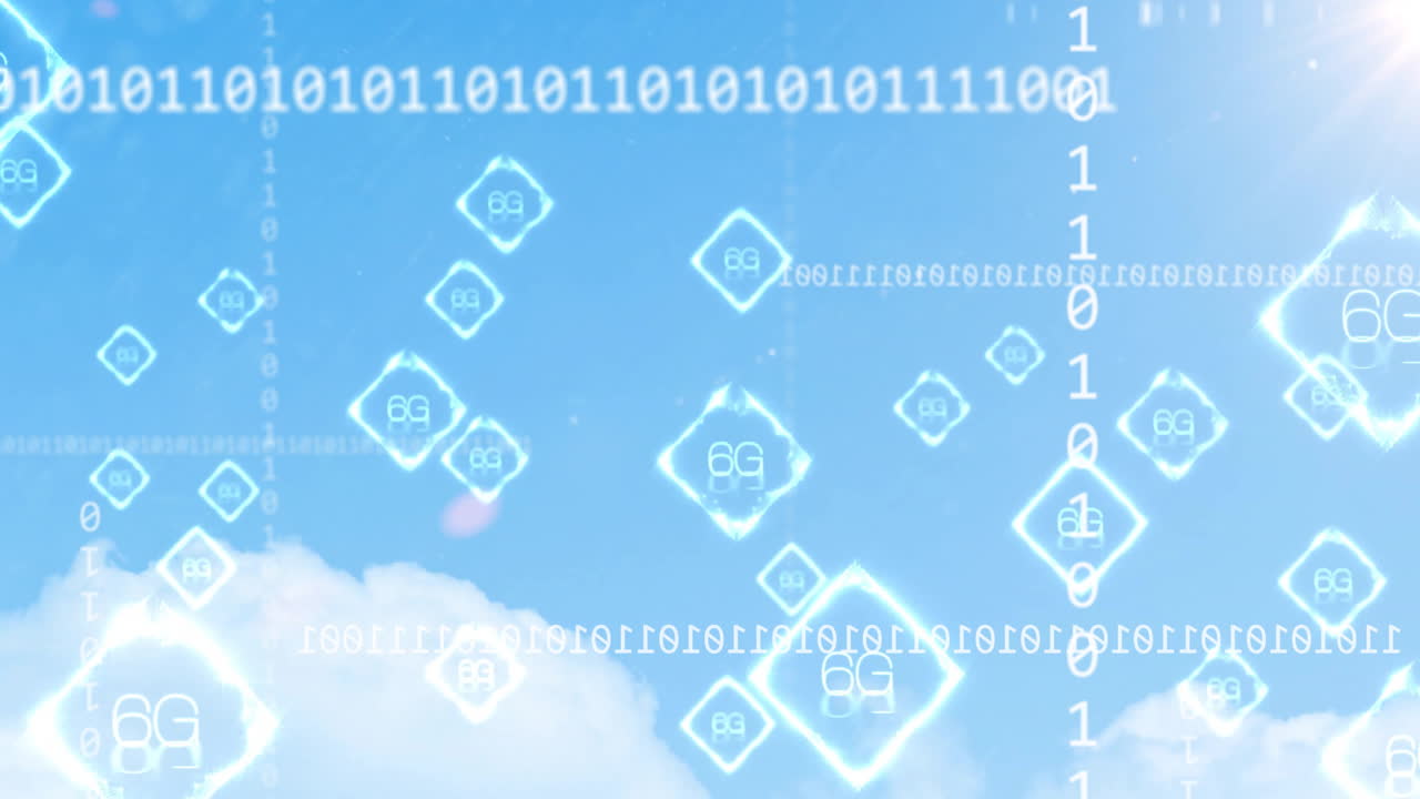 Animation of binary code and digital symbols floating in sky with clouds