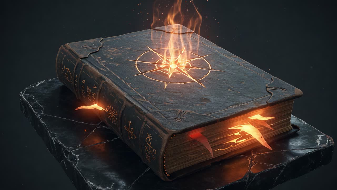 A Magical and Enigmatic Book with Fiery Spirals and Ancient Symbols, Surrounded by a Mysterious Aura of Enchantment and Power, Set Against a Dark Background