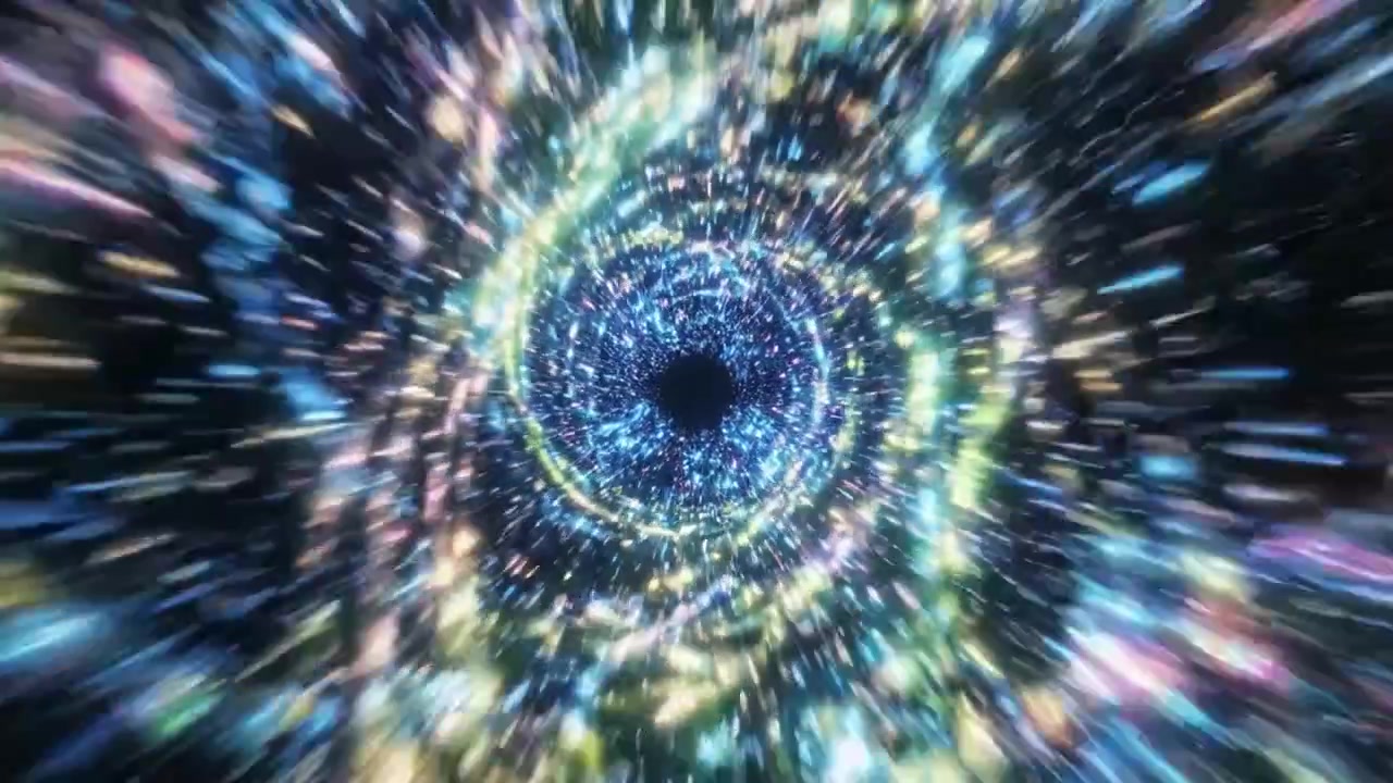 Un viaggio ipnotizzante attraverso un vibrante vortice cosmico che mostra particelle luminose dinamiche che turbinano e si lanciano in un vuoto nero centrale, creando una straordinaria fuga visiva nello spazio profondo.