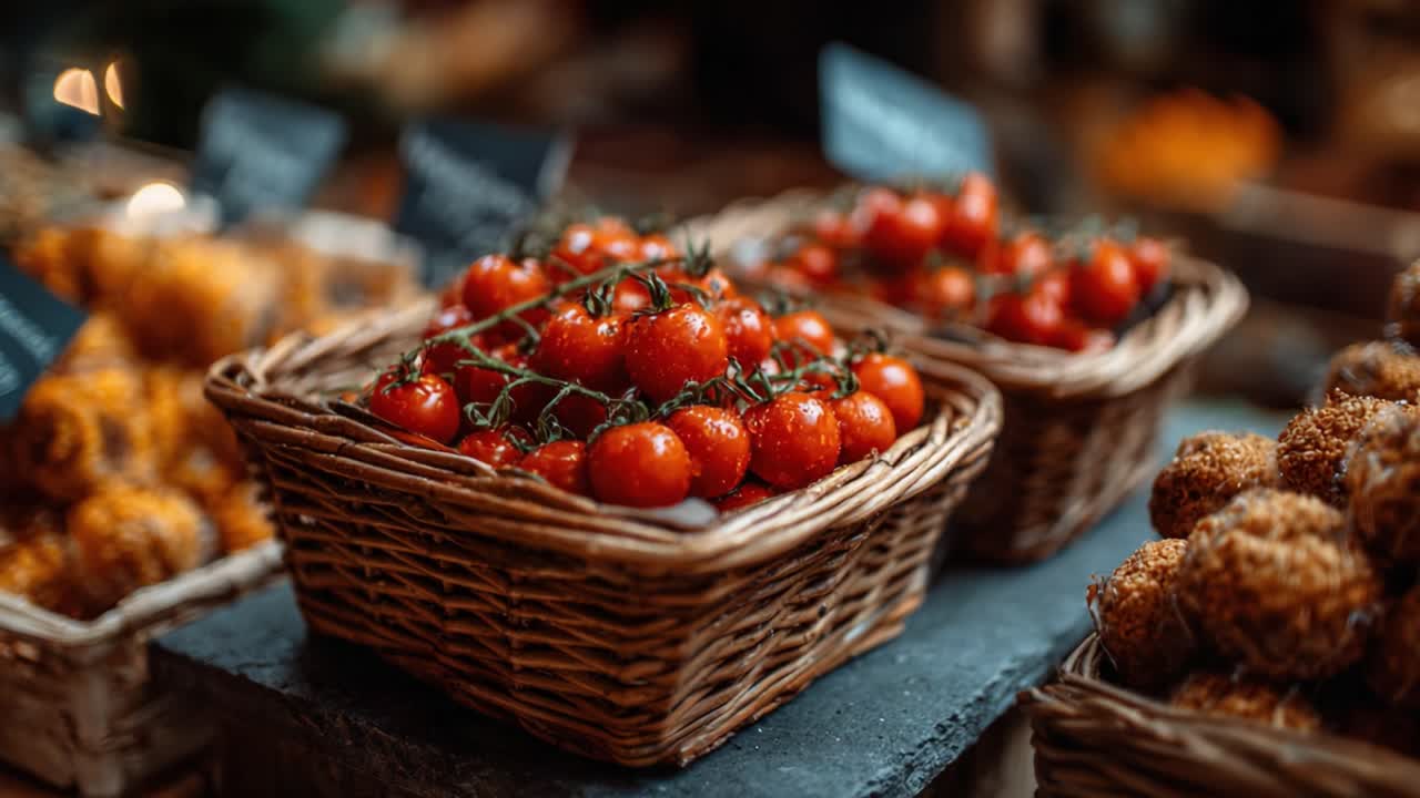 A Fresh Selection of Tomatoes Brought to Life in an Agricultural Market Setting, Showcasing Deliciously Ripe Produce Surrounded by Artisan Snacks