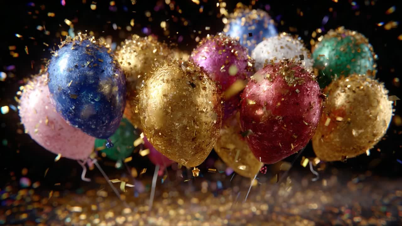 A Festive Celebration Bursting with Joy: Vibrant Balloons Surrounded by Cascading Glitter and Confetti Create a Lively Atmosphere Perfect for Any Exciting Occasion