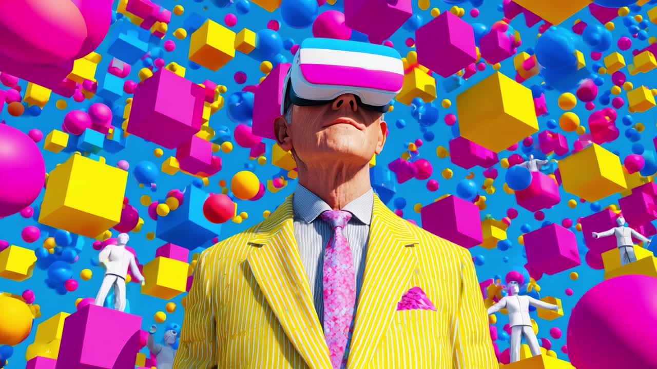 A futuristic scene featuring a man wearing virtual reality goggles, immersed in a vibrant environment filled with colorful geometric shapes, enhancing the experience of digital exploration and imagination