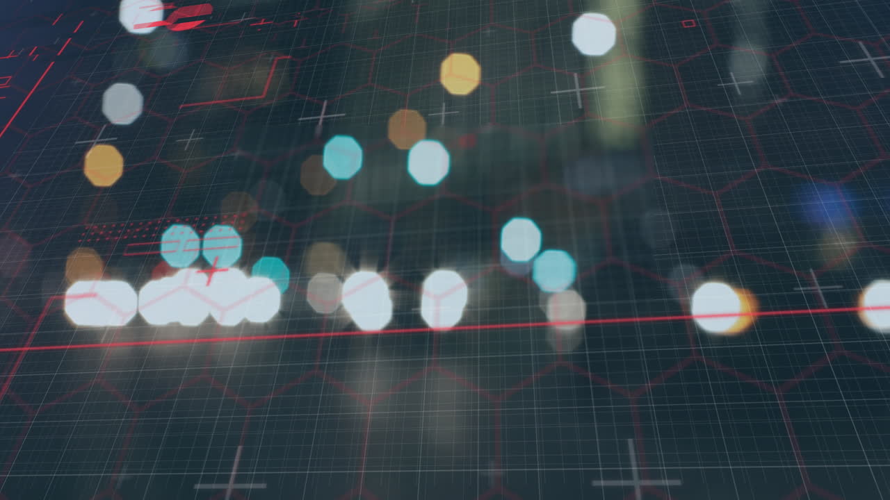 도로 교통을 배경으로 하는 육각형의 네트워크에 빨간색으로 빛나는 선의 애니메이션