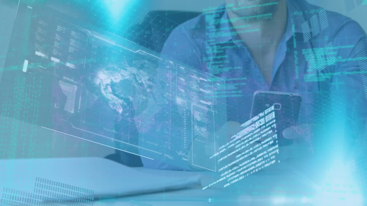 animación del procesamiento de datos y el globo sobre el hombre caucásico usando un teléfono inteligente