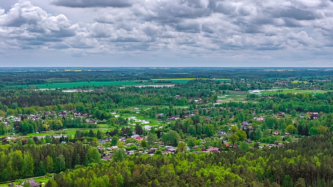 Countryside Town In Green Dense Nature Landscape. Timelapse