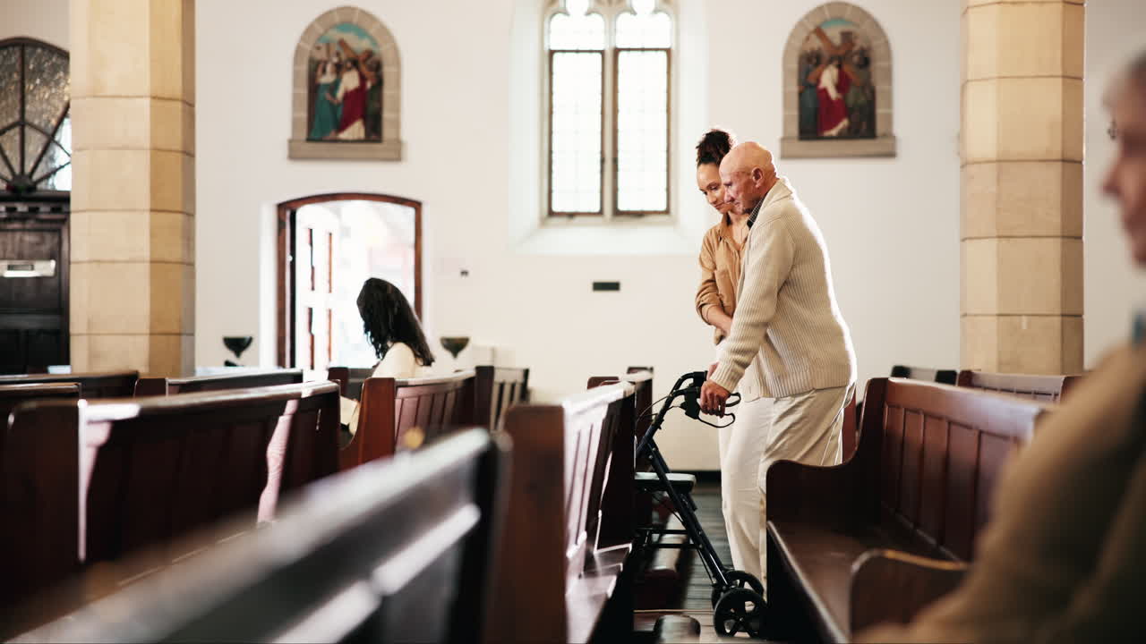 Elderly man using walker in church