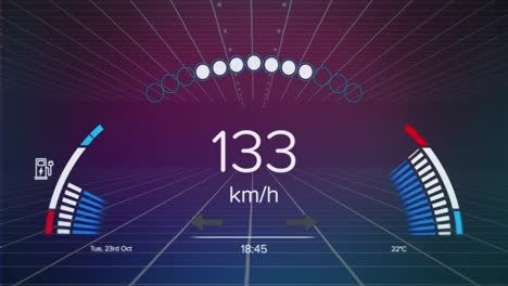 animation of speedometer over grid network against purple gradient background