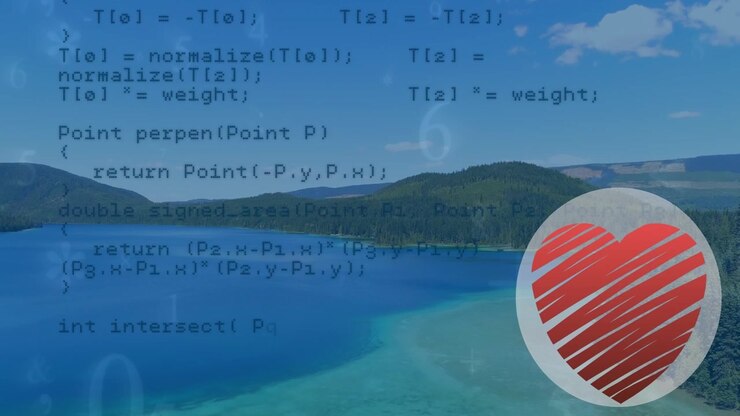 Animazione di elaborazione dati su paesaggio e cuore