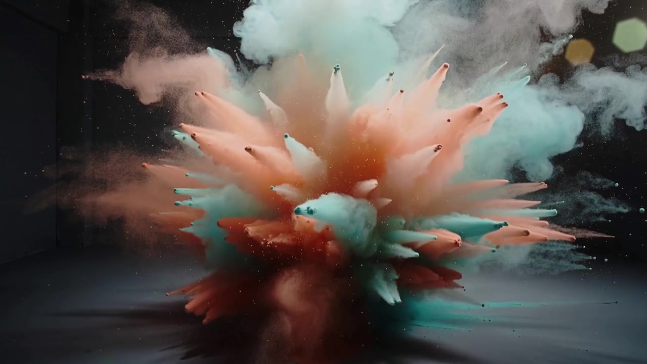 Bursting from floor, teal and peach powder core ejecting radial jets and rising dust under lighting