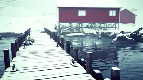 snowy dock with red house