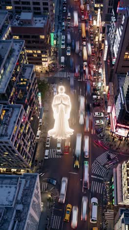 holographic buddha hovering over urban crossroads, radiating calm amid blurred evening traffic and cityscapes