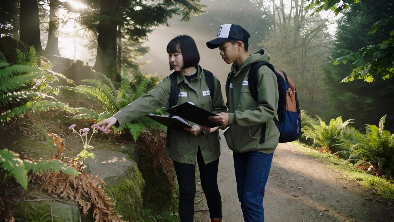 Walking teens in olive jackets with black clipboards on trail, she spotting flowers, taking notes