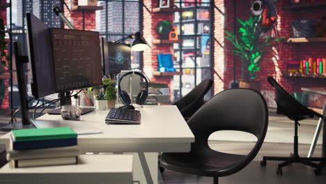 digital workstation features multiple pc monitors running artificial intelligence