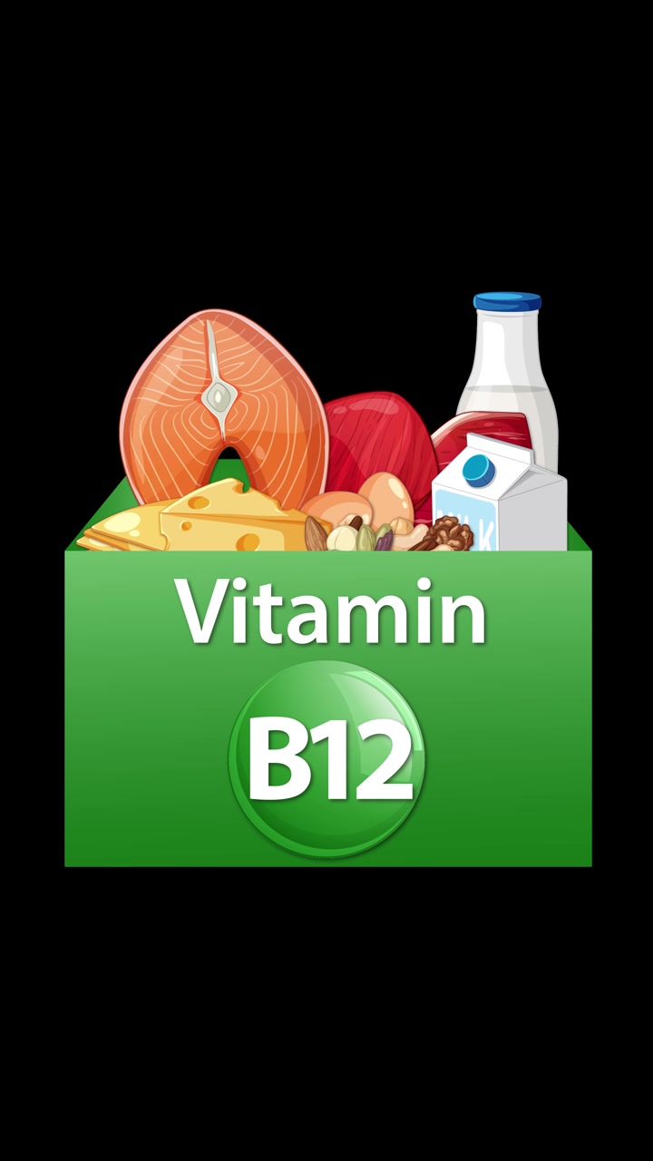 Green box reveals Vitamin B12 label, then healthy foods appear, highlighting nutrient-rich sources