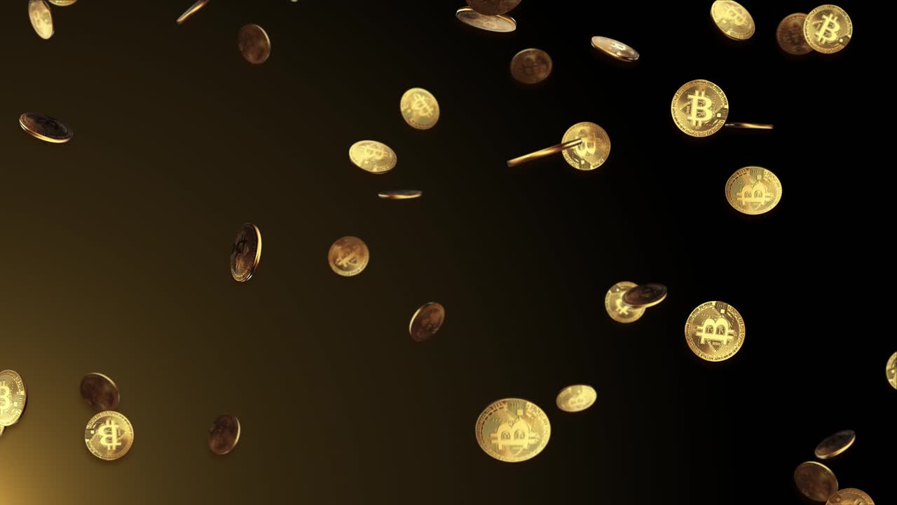 Bitcoin coins falling and bouncing in slow motion loop background internet currency coins falling