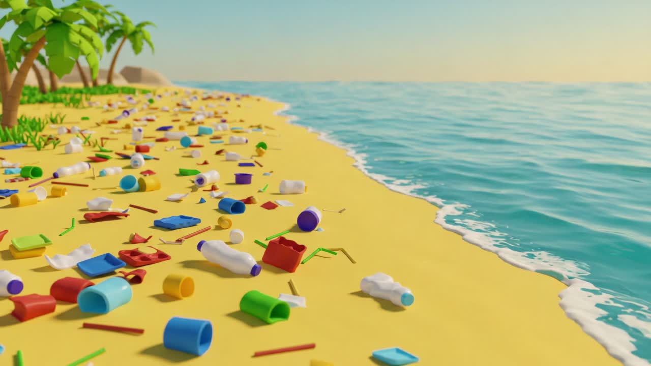 Highlighting Environmental Concerns: A Serene Beach Scene Overwhelmed by Plastic Waste and Debris Emphasizing Urgent Need for Beach Cleanups and Ocean Protection