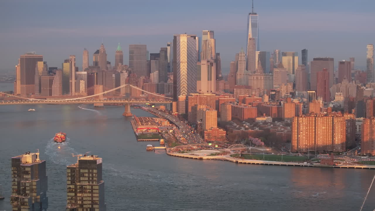 Aerial view of Lower Manhattan at sunrise