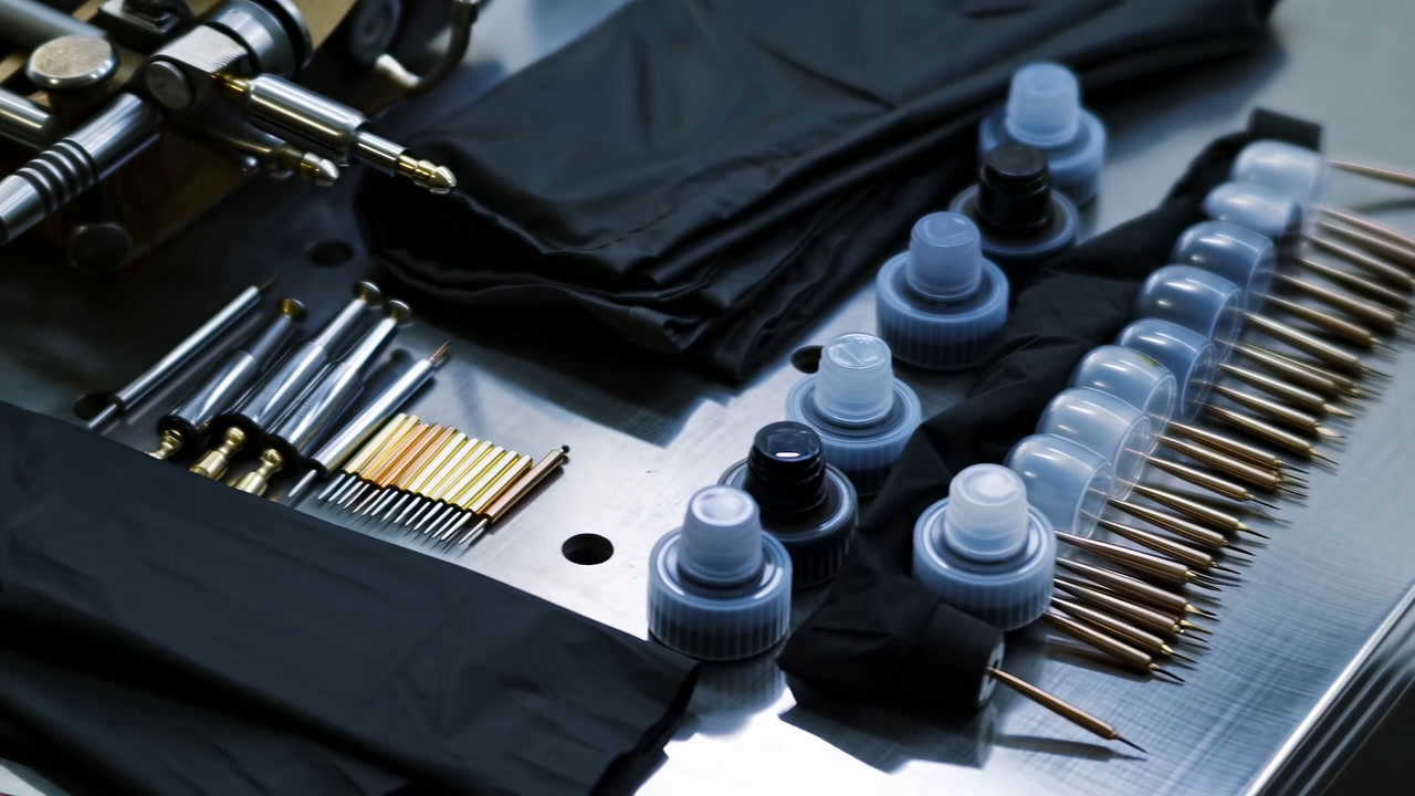 Closeup Tattoo Supplies Ink Bottles Needles Gloves On Stainless Workbench, Tattooist Prep For Session, Sterile