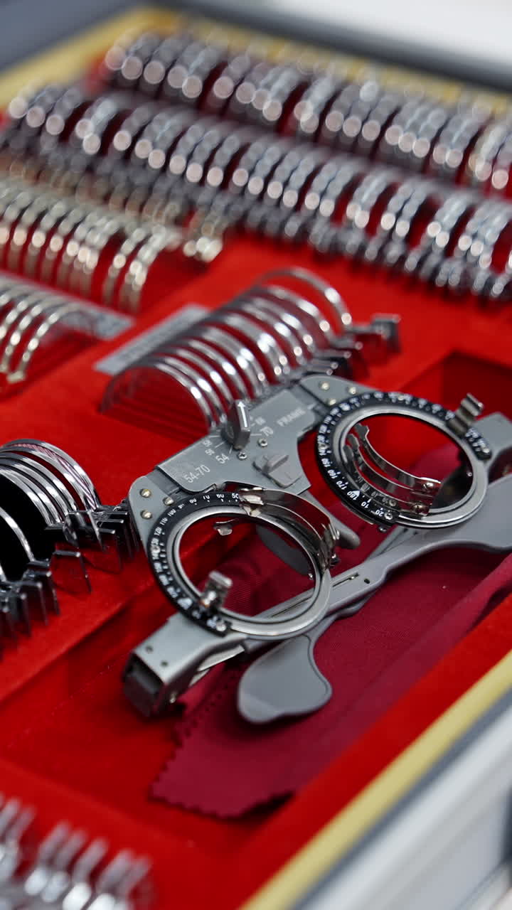 Set of different lenses in the case. Ophthalmologist's box with lenses for trial frame. Medical tools for spectacles. Close-up. Vertical video