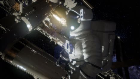 astronauta fuera de la estación espacial internacional en una caminata espacial