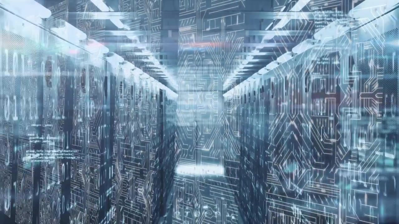 Animation of data processing and microprocessor connections over empty computer server room