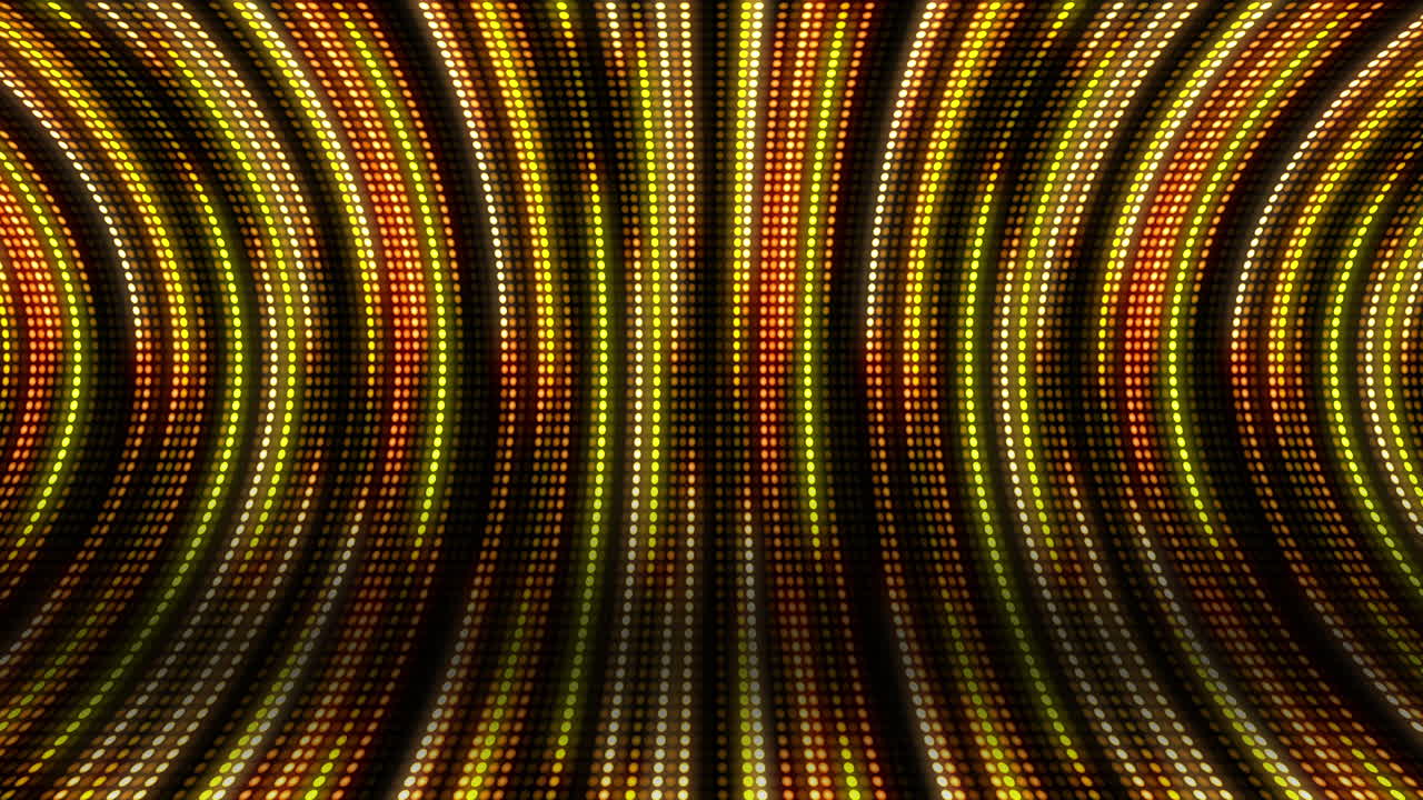 Light neon glowing lines. Dynamic yellow tunnel with round dots diodes. Looped retro animation screen. Abstract background.