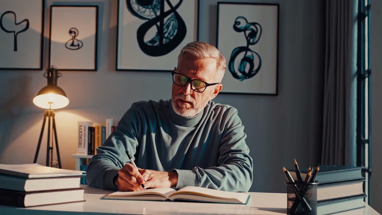 A mature man writing in a notebook at a desk, captured in a warm, low-angle shot