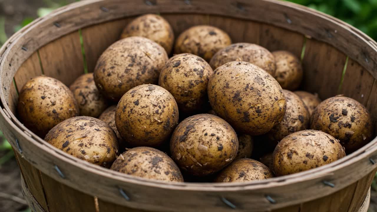 A Bountiful Harvest: Freshly Dug Potatoes Gathered in a Rustic Wooden Basket, Showcasing the Earthy Produce Ready for Cooking and Enjoyment